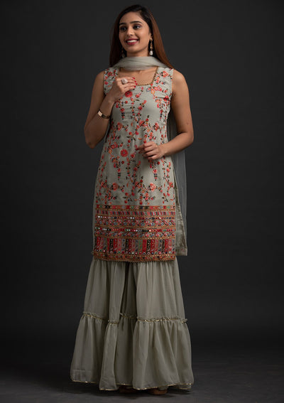 Pista Green Threadwork Georgette Designer Salwar Suit - koskii