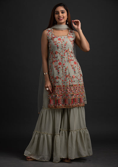 Pista Green Threadwork Georgette Designer Salwar Suit - koskii