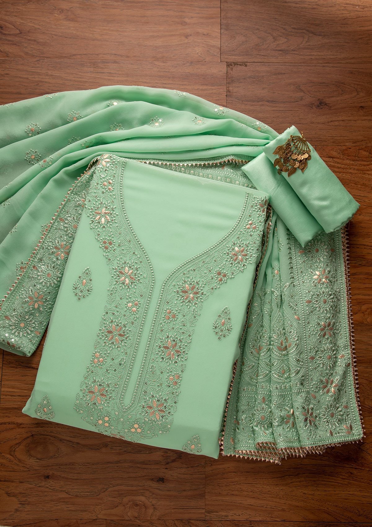 Pista Green Threadwork Georgette Designer Unstitched Salwar Suit - koskii