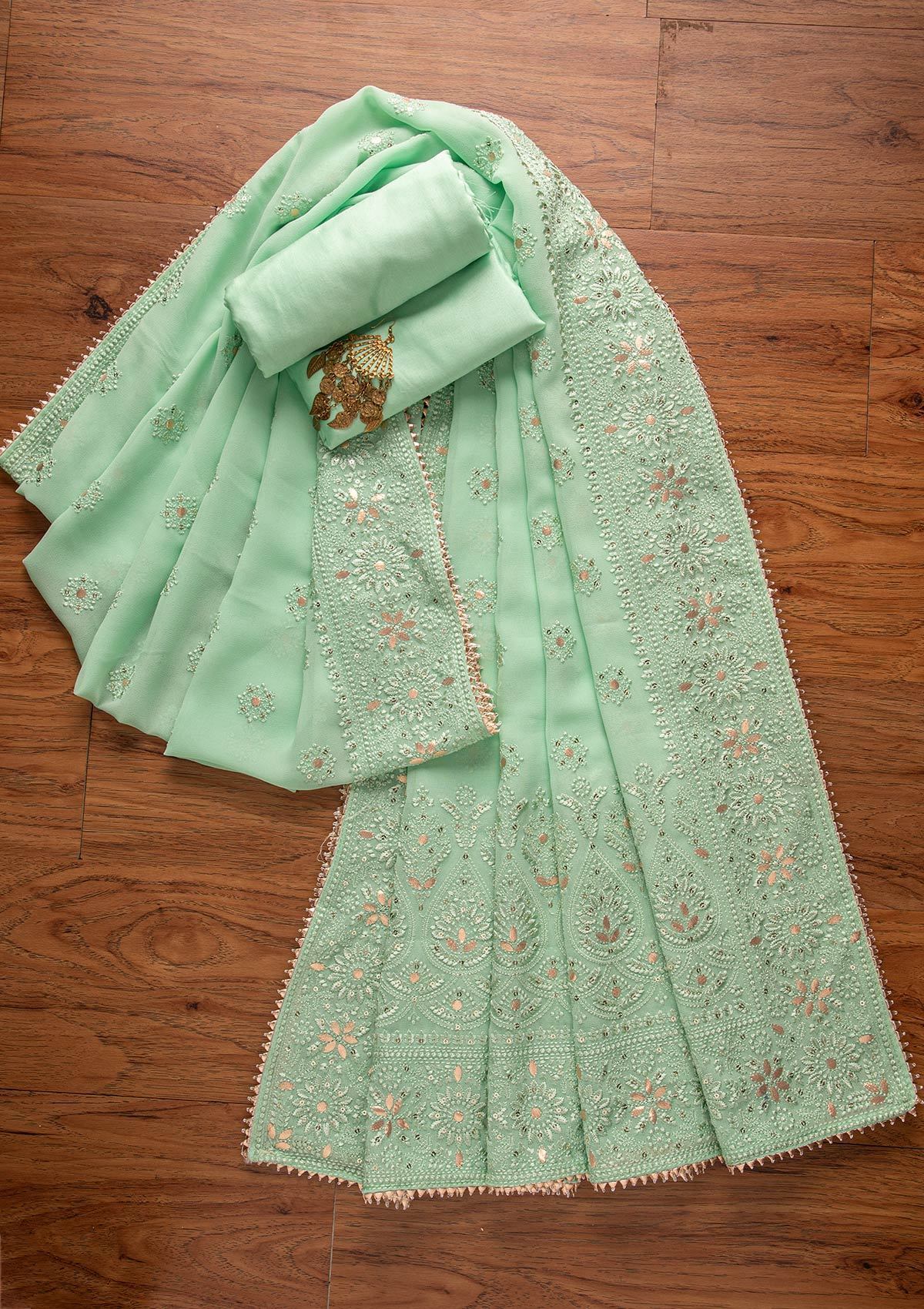 Pista Green Threadwork Georgette Designer Unstitched Salwar Suit - koskii