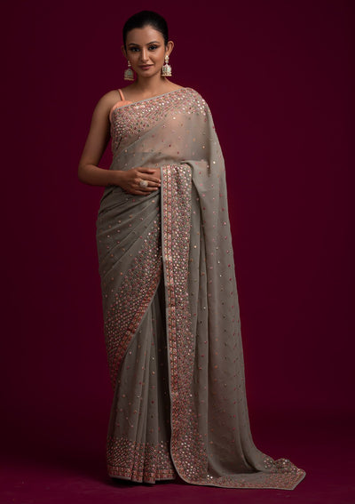 Pista Green Threadwork Georgette Designer Saree - koskii