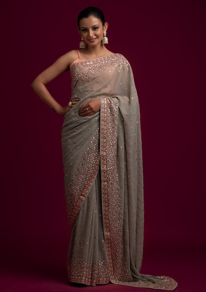 Pista Green Threadwork Georgette Designer Saree - koskii