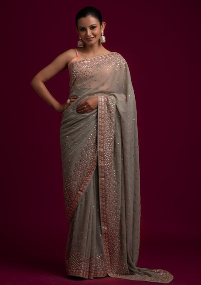 Pista Green Threadwork Georgette Designer Saree - koskii