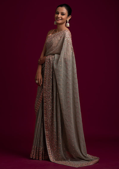 Pista Green Threadwork Georgette Designer Saree - koskii