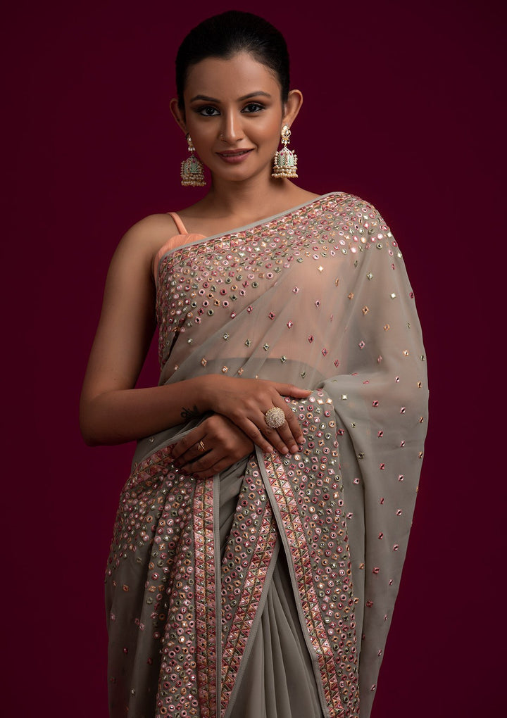 Pista Green Threadwork Georgette Designer Saree - koskii