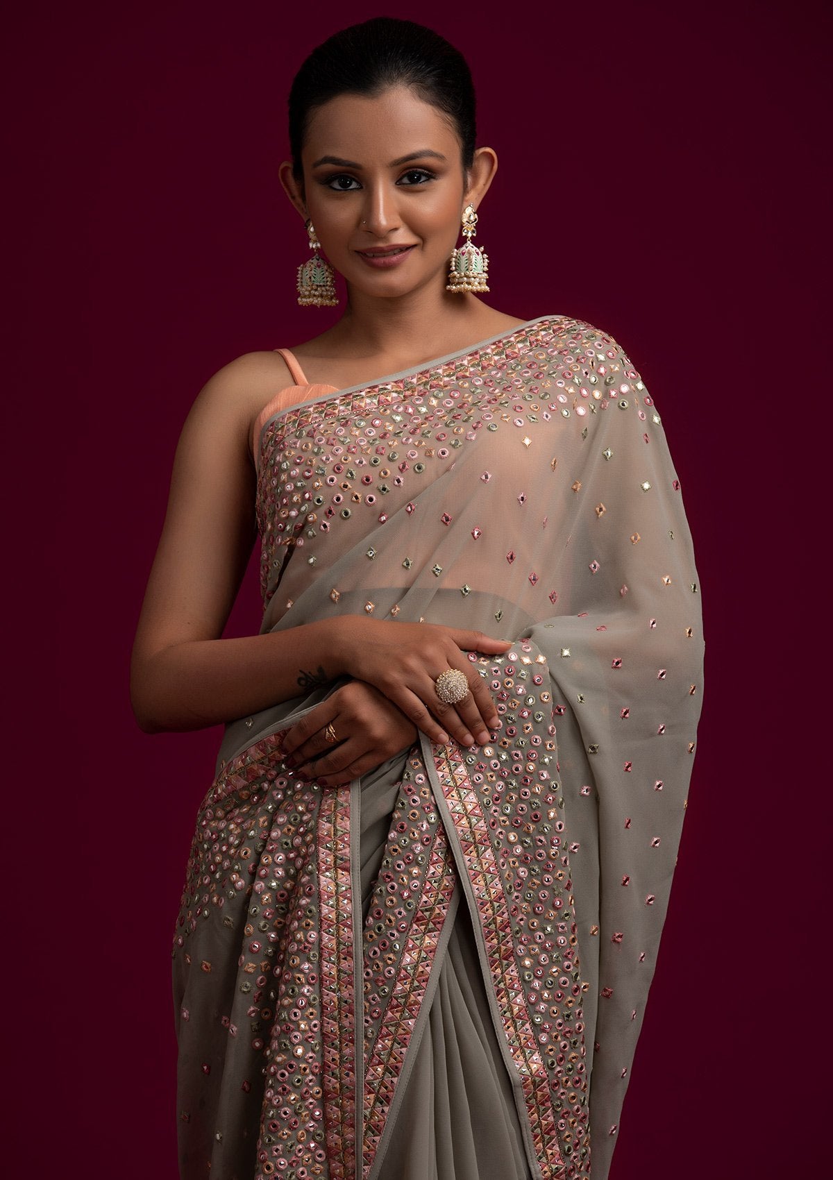 Pista Green Threadwork Georgette Designer Saree - koskii