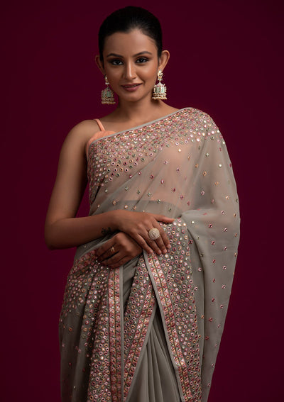 Pista Green Threadwork Georgette Designer Saree - koskii