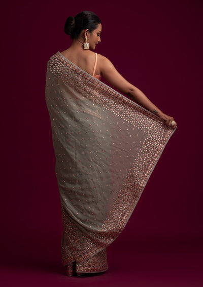 Pista Green Threadwork Georgette Designer Saree - koskii