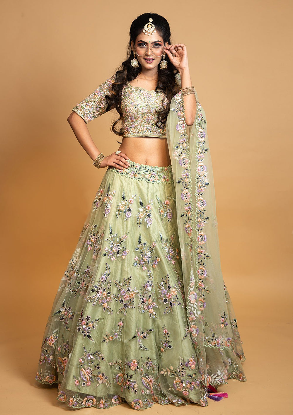 Pista Green Threadwork Net Designer lehenga - koskii