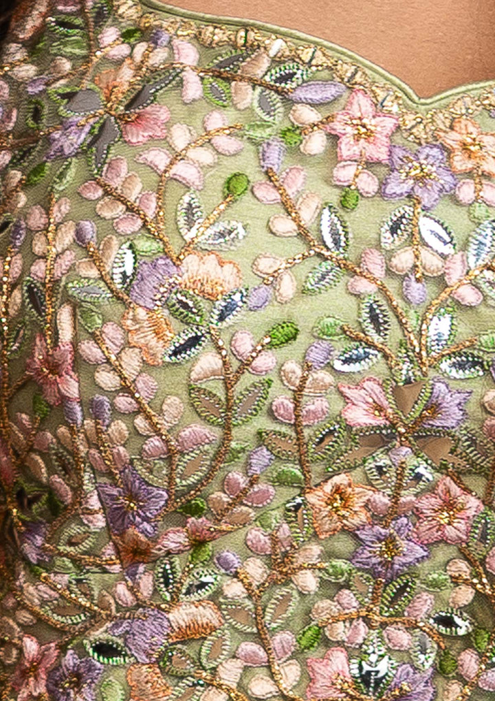 Pista Green Threadwork Net Designer lehenga - koskii