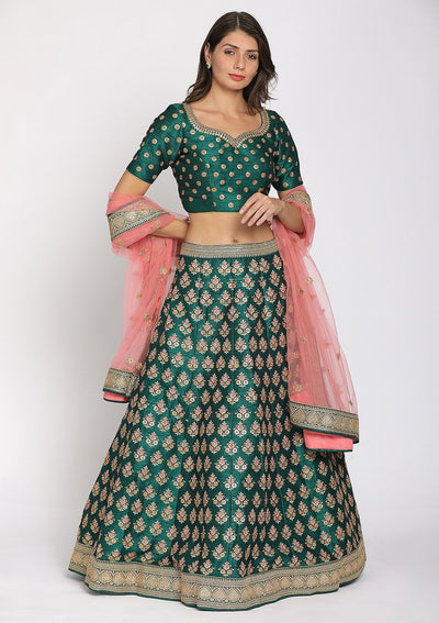 Rama Green Sequins Raw Silk Designer Semi-Stitched Lehenga - koskii
