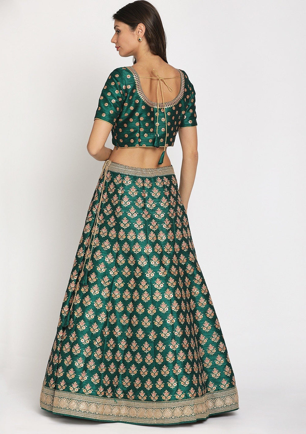 Rama Green Sequins Raw Silk Designer Semi-Stitched Lehenga - koskii