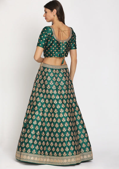 Rama Green Sequins Raw Silk Designer Semi-Stitched Lehenga - koskii