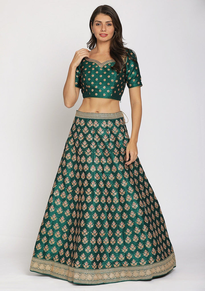 Rama Green Sequins Raw Silk Designer Semi-Stitched Lehenga - koskii