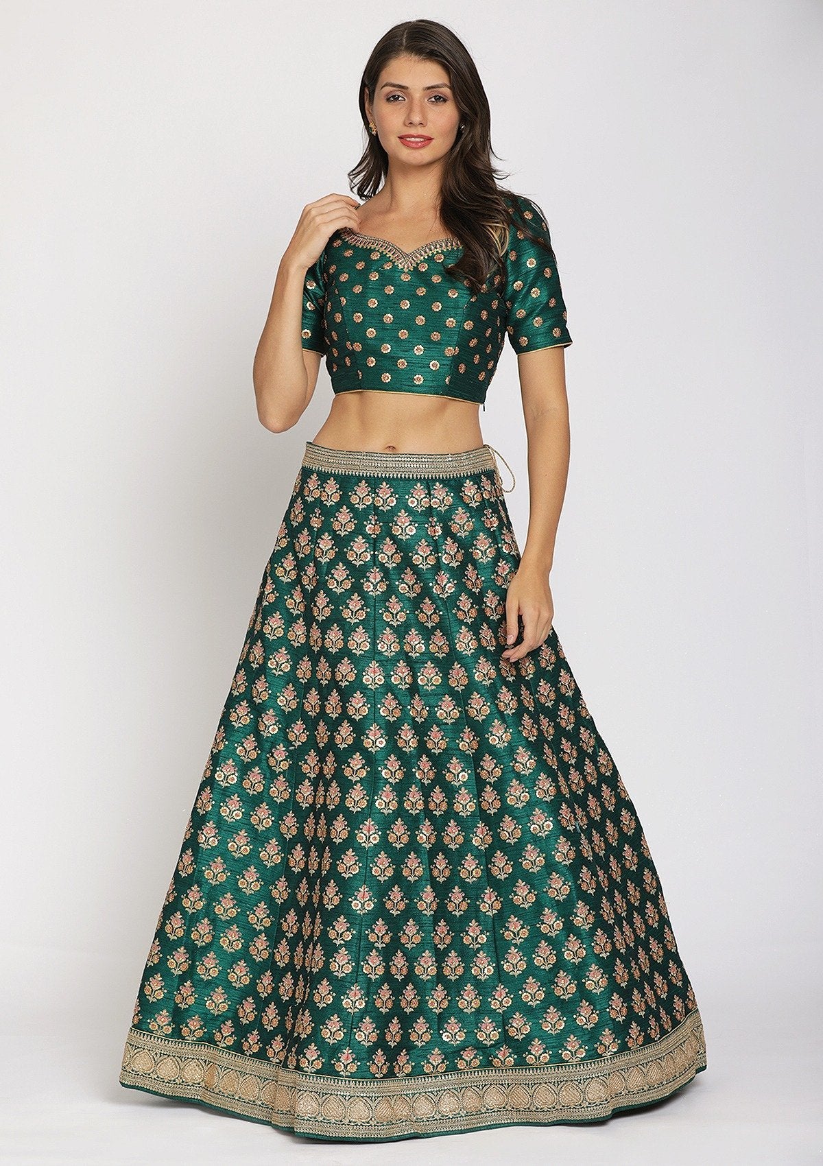 Rama Green Sequins Raw Silk Designer Semi-Stitched Lehenga - koskii