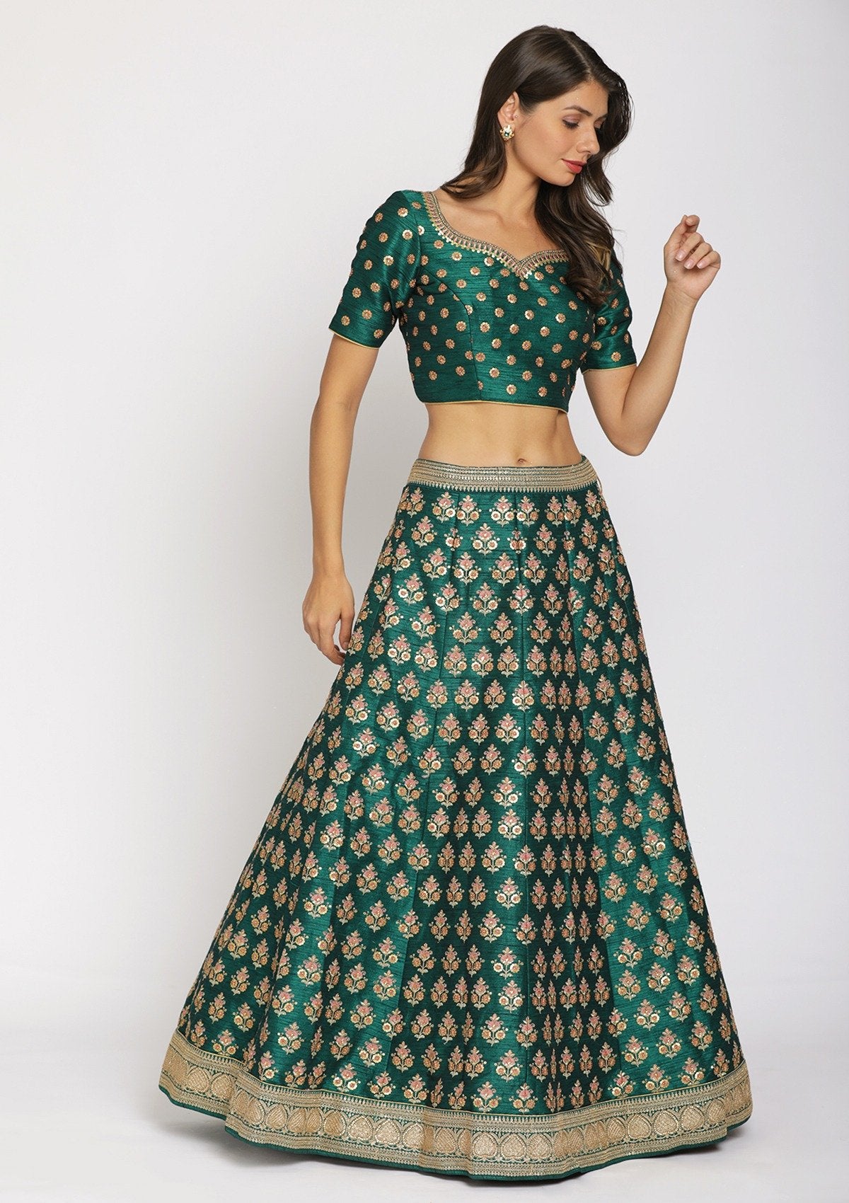 Rama Green Sequins Raw Silk Designer Semi-Stitched Lehenga - koskii