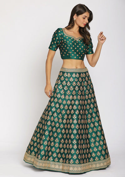 Rama Green Sequins Raw Silk Designer Semi-Stitched Lehenga - koskii