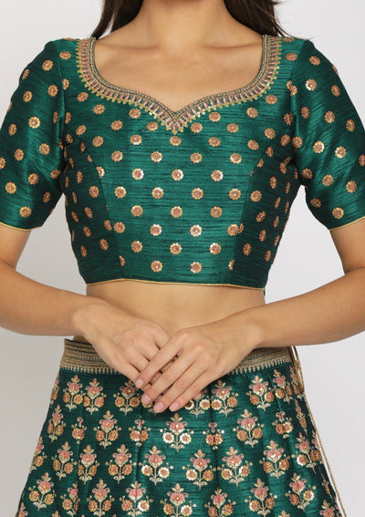 Rama Green Sequins Raw Silk Designer Semi-Stitched Lehenga - koskii