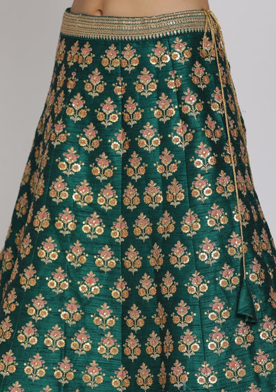 Rama Green Sequins Raw Silk Designer Semi-Stitched Lehenga - koskii