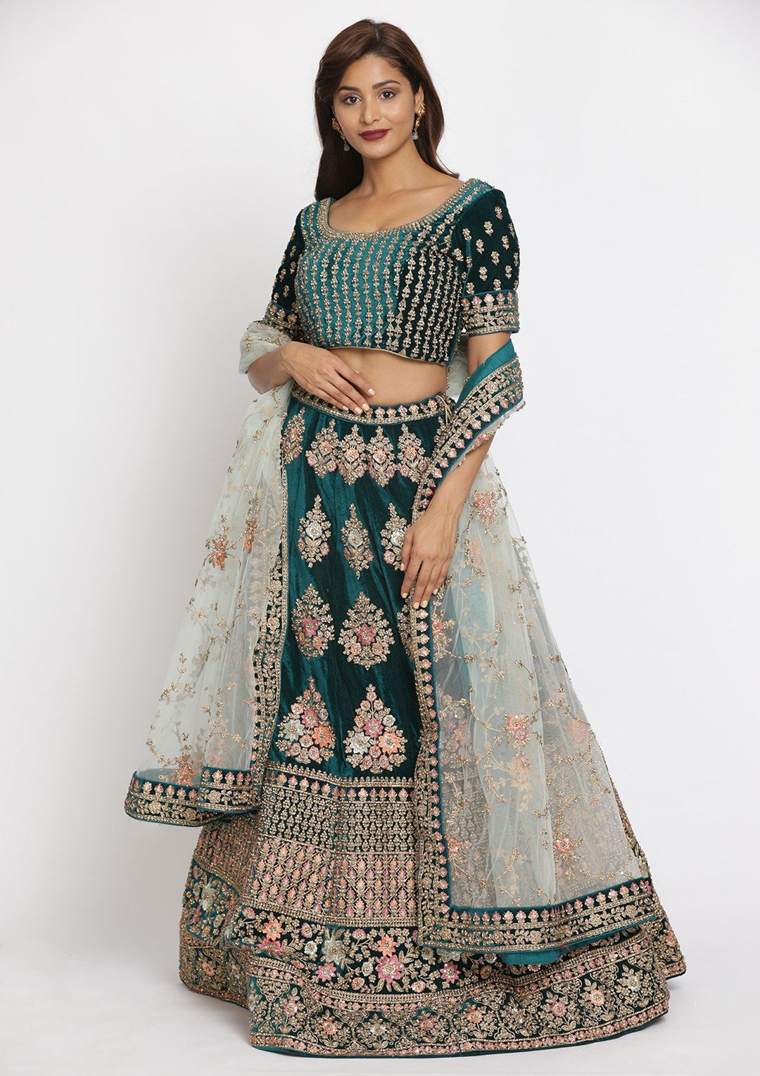 Rama Green Stonework Velvet Designer Semi-Stitched Lehenga - koskii