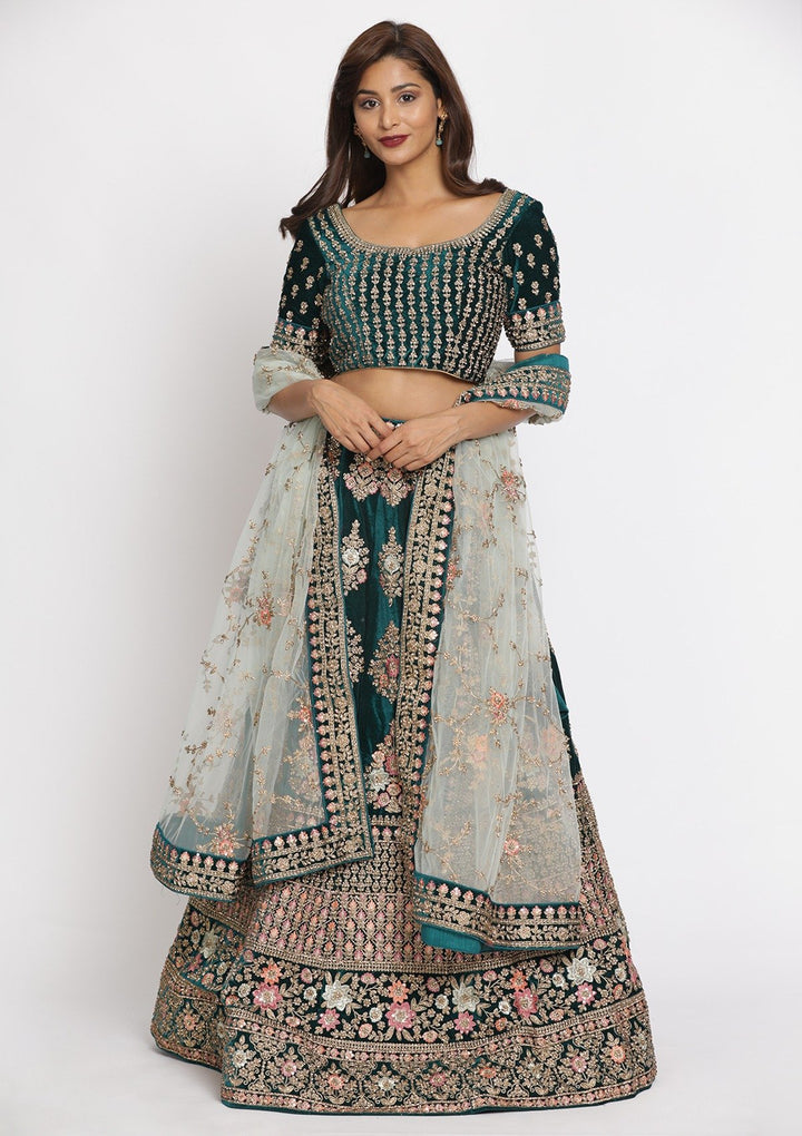 Rama Green Stonework Velvet Designer Semi-Stitched Lehenga - koskii