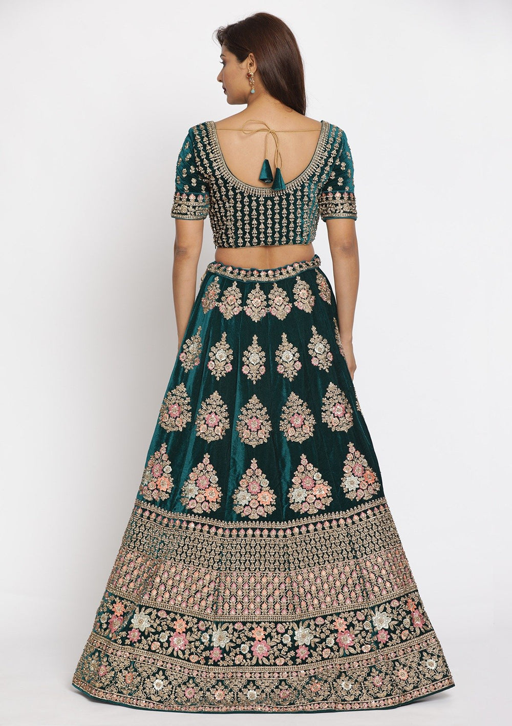 Rama Green Stonework Velvet Designer Semi-Stitched Lehenga - koskii