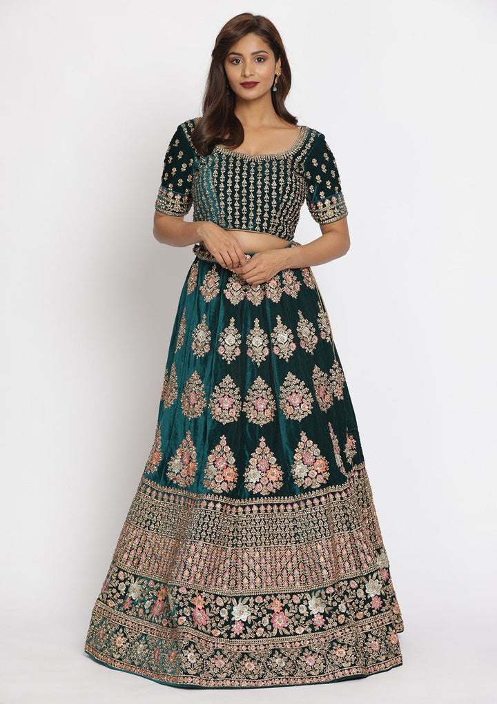 Rama Green Stonework Velvet Designer Semi-Stitched Lehenga - koskii