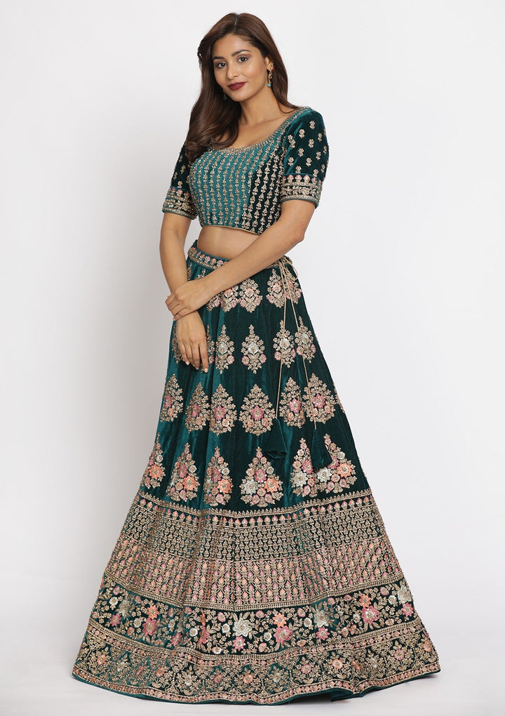 Rama Green Stonework Velvet Designer Semi-Stitched Lehenga - koskii