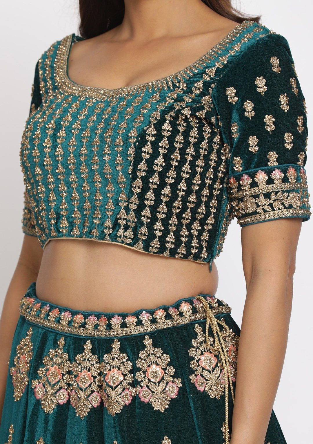Rama Green Stonework Velvet Designer Semi-Stitched Lehenga - koskii
