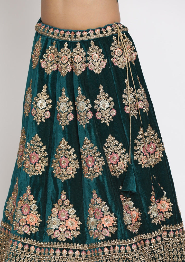 Rama Green Stonework Velvet Designer Semi-Stitched Lehenga - koskii