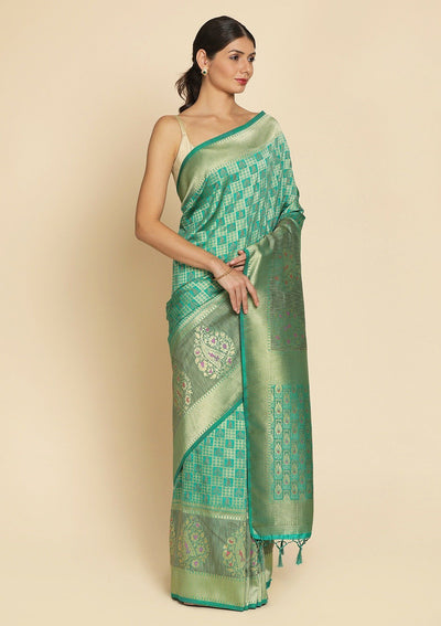 Rama Green Zariwork Raw Silk Designer Saree - koskii