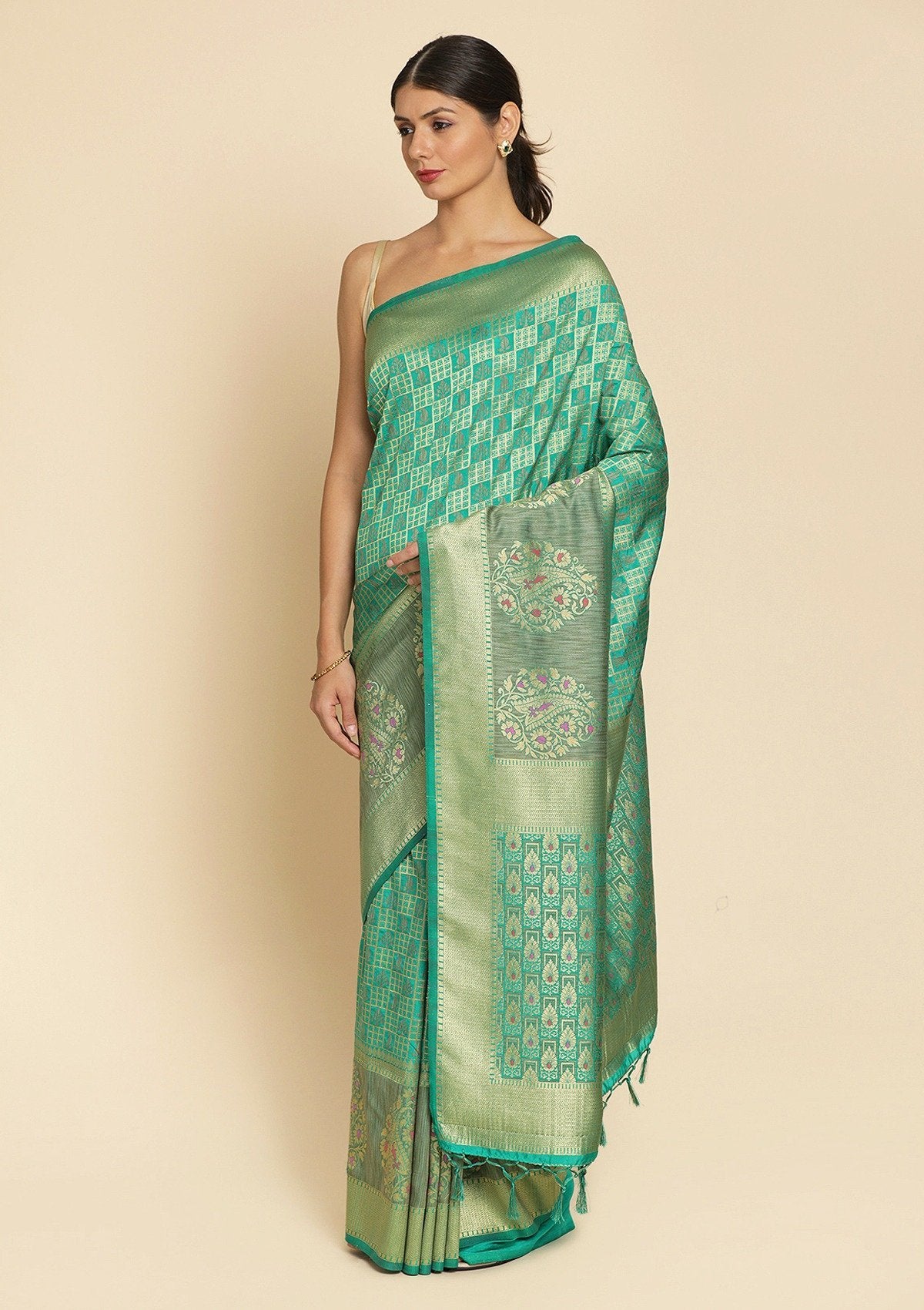 Rama Green Zariwork Raw Silk Designer Saree - koskii