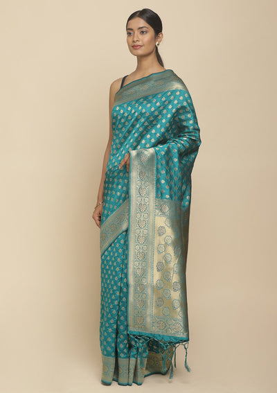 Rama Green Swarovski  Brocade Designer Saree - koskii