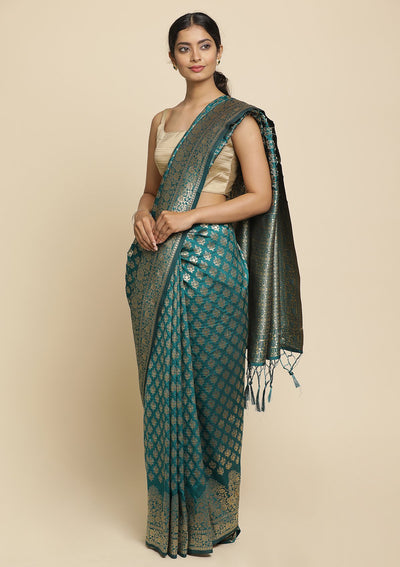 Rama Green Swarovski  Brocade Designer Saree - koskii