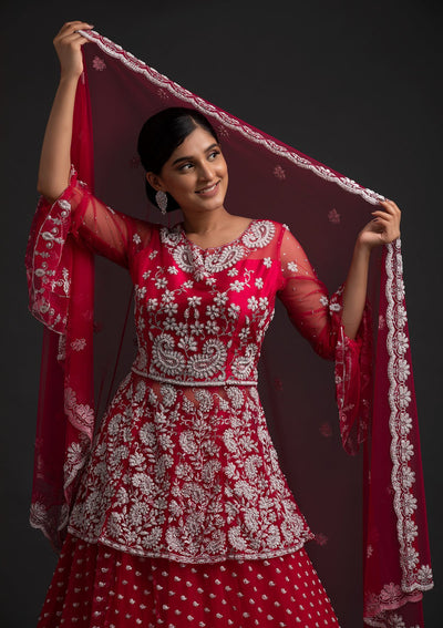 Rani Pink Glitter Net Designer Lehenga - koskii