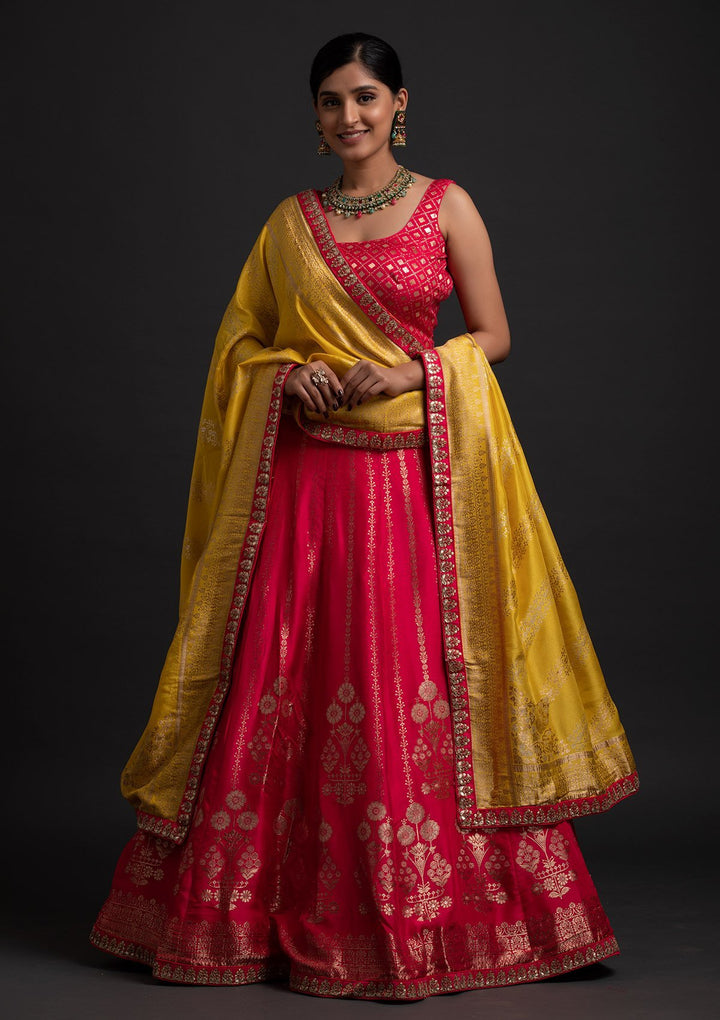 Rani Pink Gotapatti Banarasi Designer Semi-Stitched Lehenga - koskii