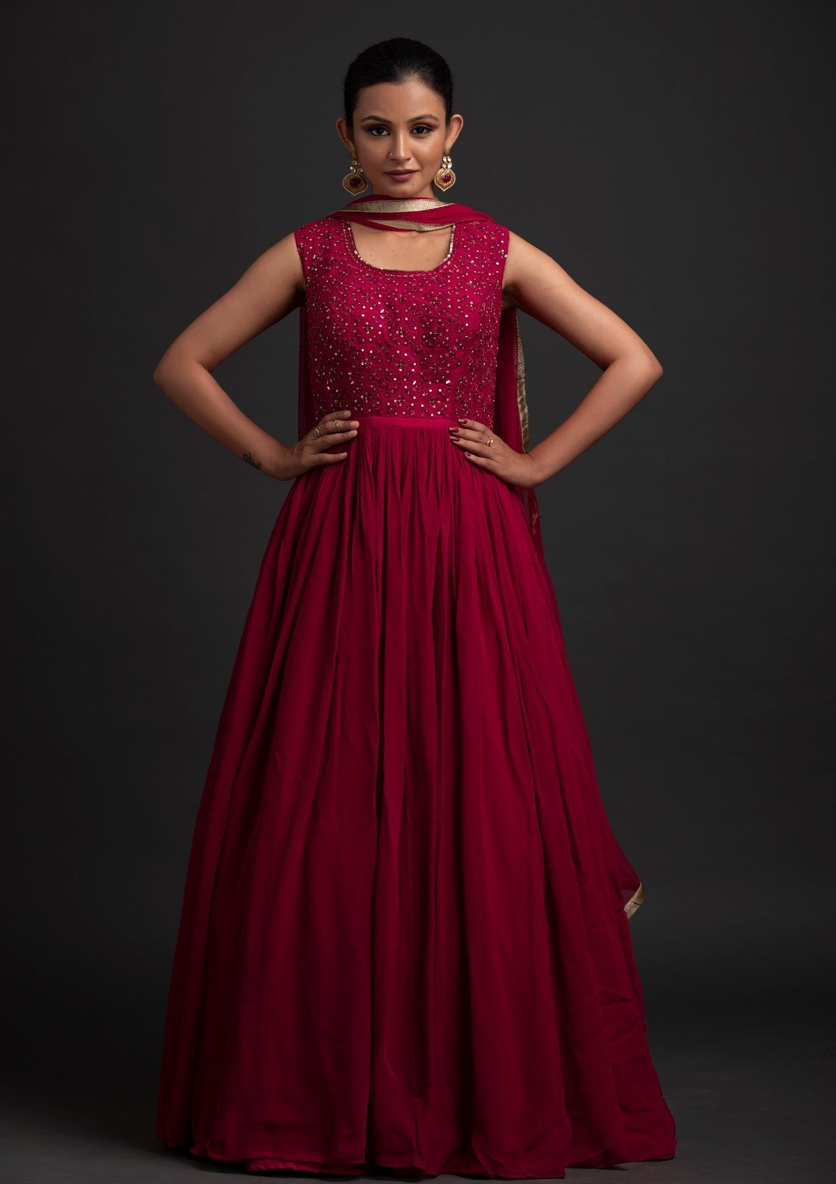 Rani Pink Mirrorwork Georgette Designer Gown - koskii