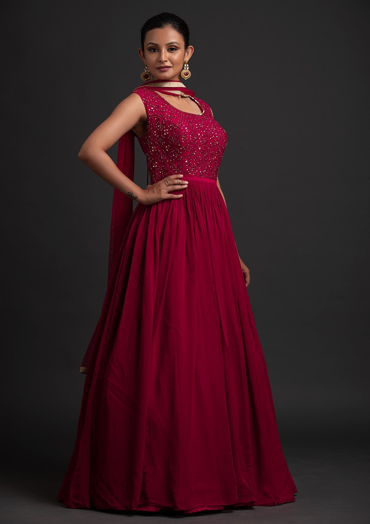 Buy Rani Pink Indo-Western Crepe Gown With Patchwork On The Neckline KALKI  Fashion India