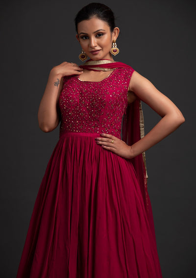 Rani Pink Mirrorwork Georgette Designer Gown - koskii