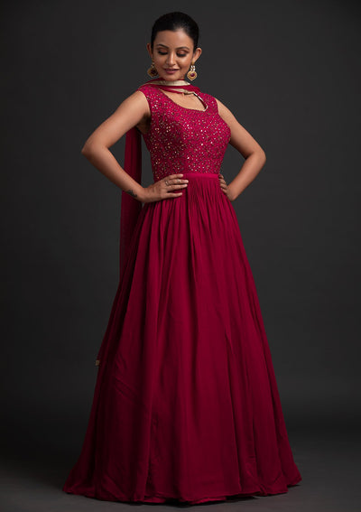Rani Pink Mirrorwork Georgette Designer Gown - koskii