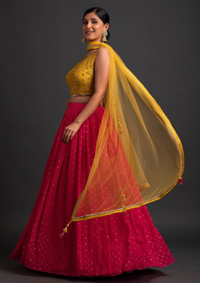 Rani Pink Mirrorwork Georgette Designer Lehenga - koskii