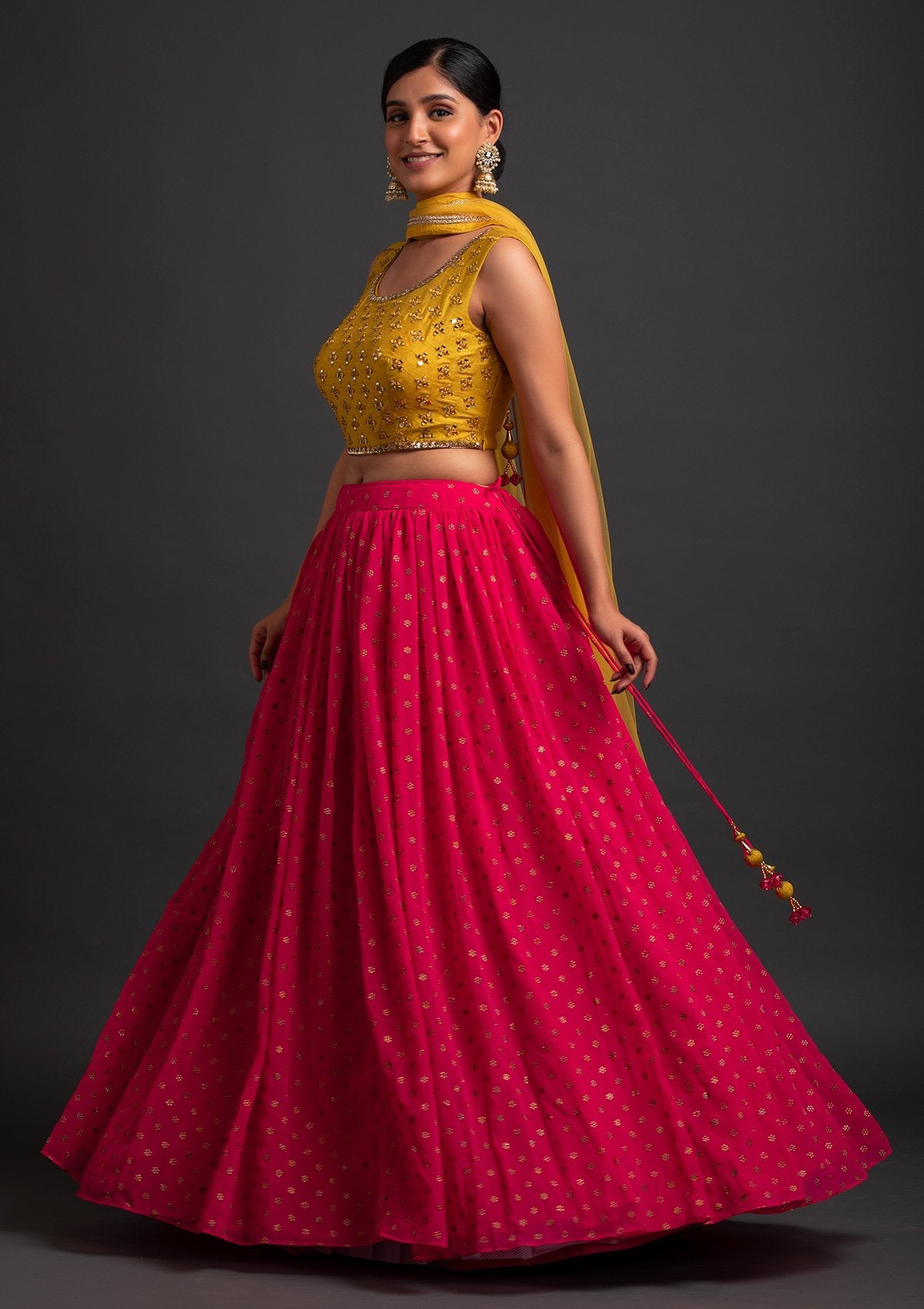 Rani Pink Mirrorwork Georgette Designer Lehenga - koskii