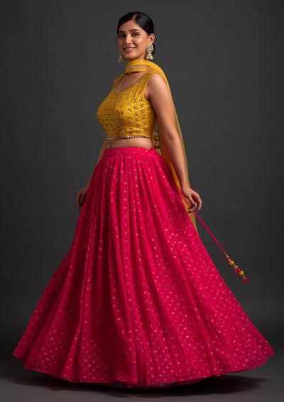 Rani Pink Mirrorwork Georgette Designer Lehenga - koskii