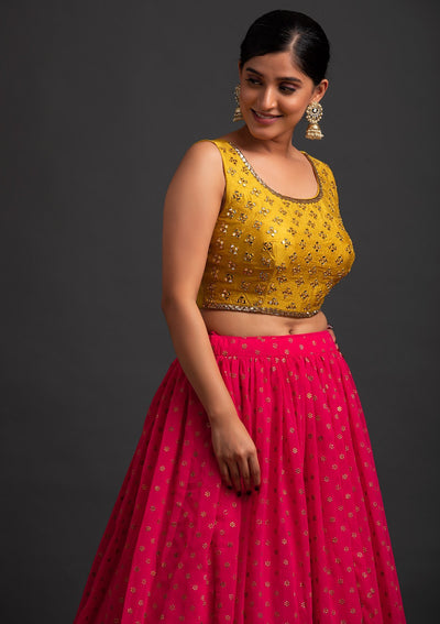 Rani Pink Mirrorwork Georgette Designer Lehenga - koskii