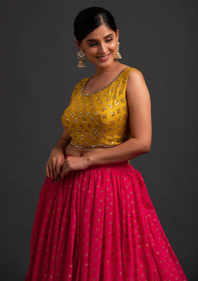 Rani Pink Mirrorwork Georgette Designer Lehenga - koskii