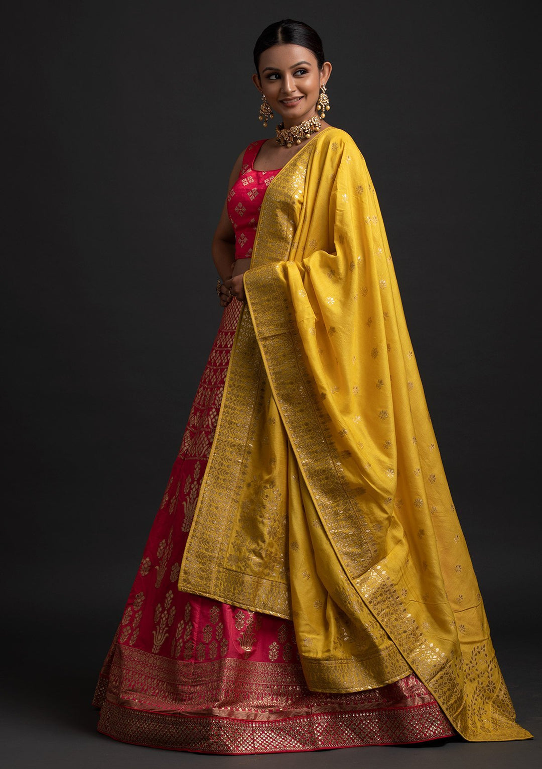 Rani Pink Sequins Banarasi Designer Semi-Stitched Lehenga - koskii