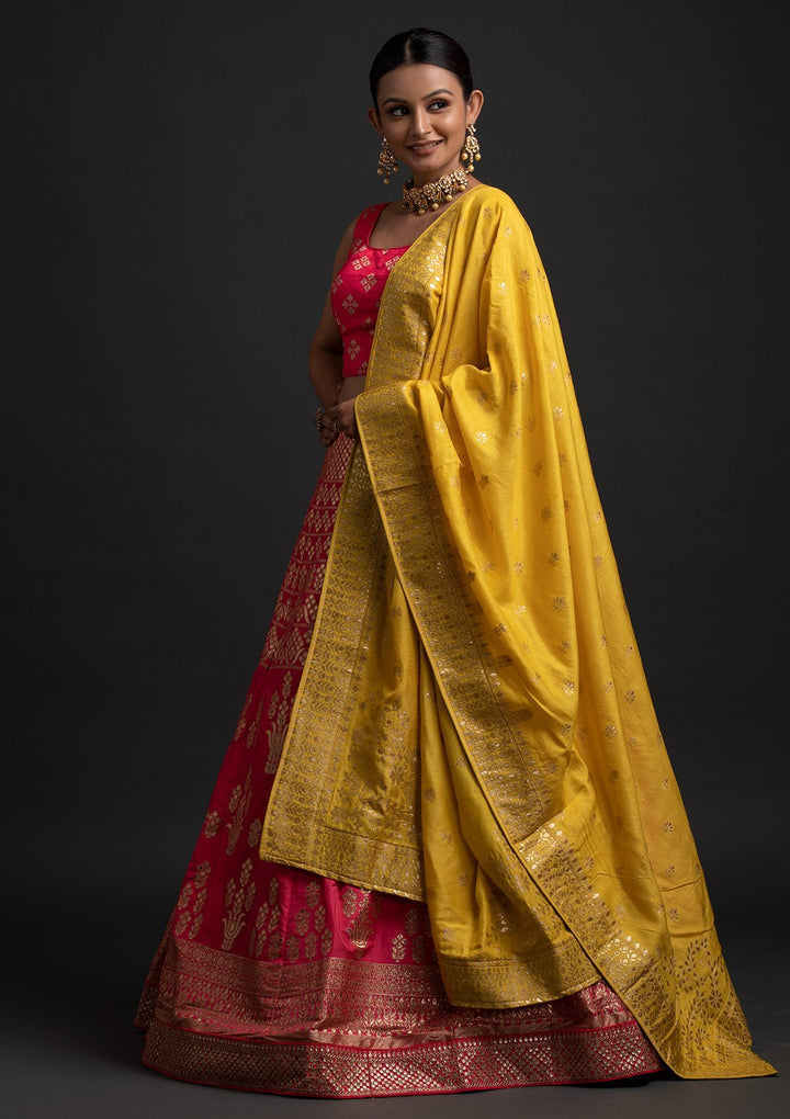 Rani Pink Sequins Banarasi Designer Semi-Stitched Lehenga - koskii