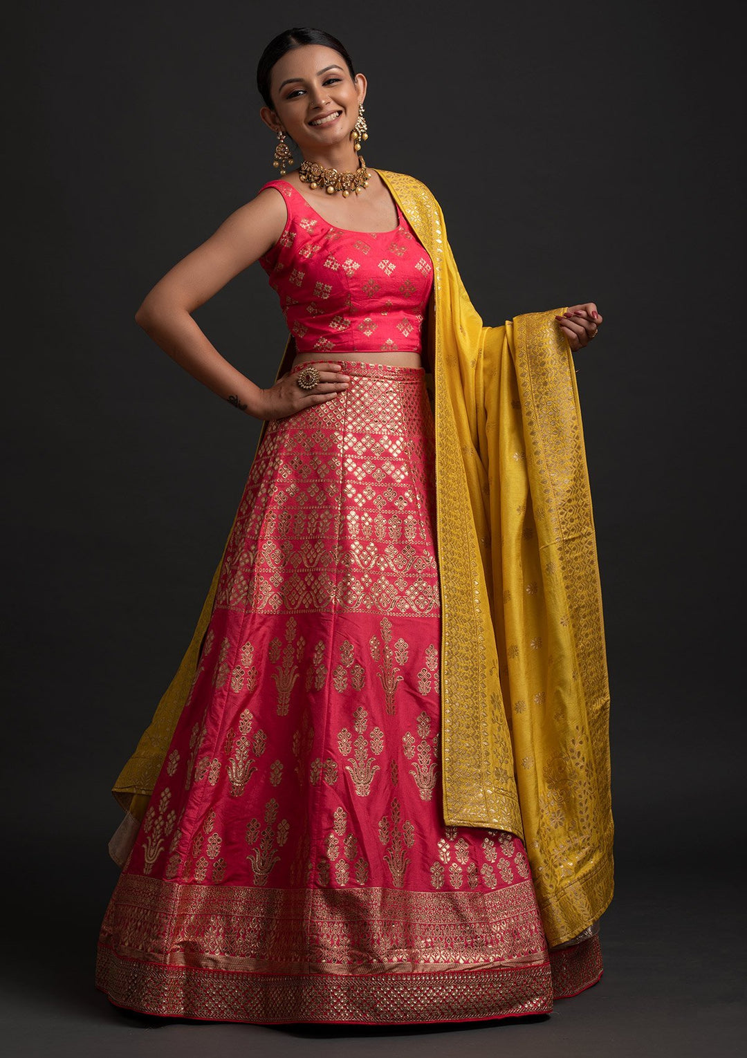Rani Pink Sequins Banarasi Designer Semi-Stitched Lehenga - koskii