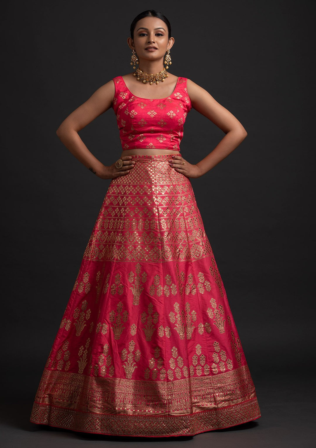 Rani Pink Sequins Banarasi Designer Semi-Stitched Lehenga - koskii