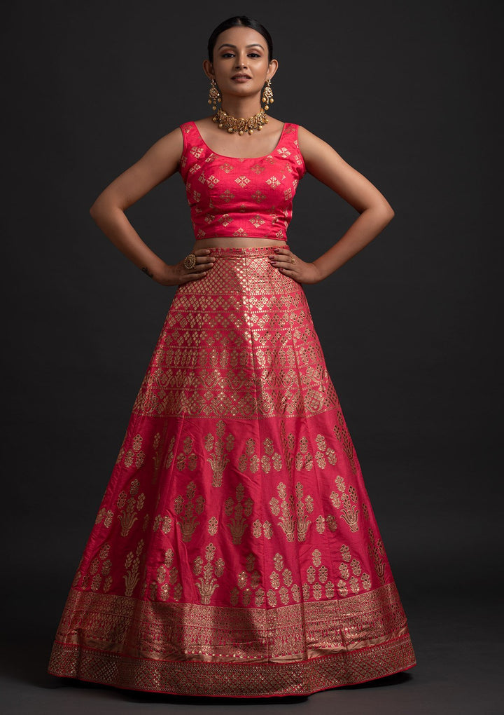 Rani Pink Sequins Banarasi Designer Semi-Stitched Lehenga - koskii